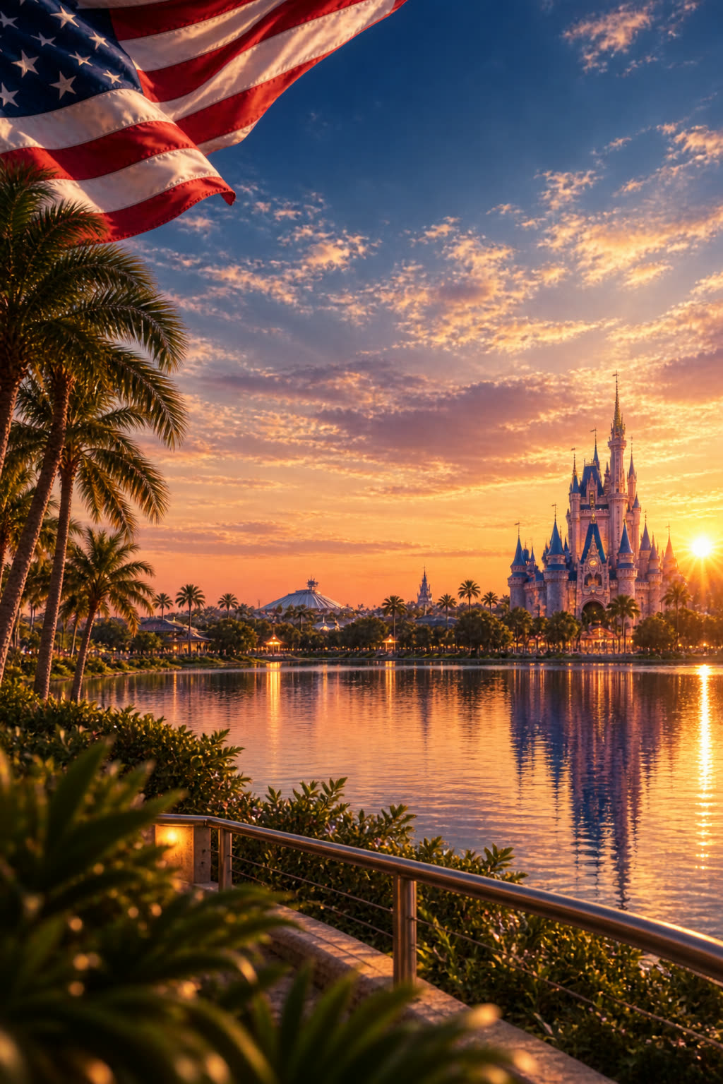 Castelo refletido no lago ao entardecer, em Orlando
